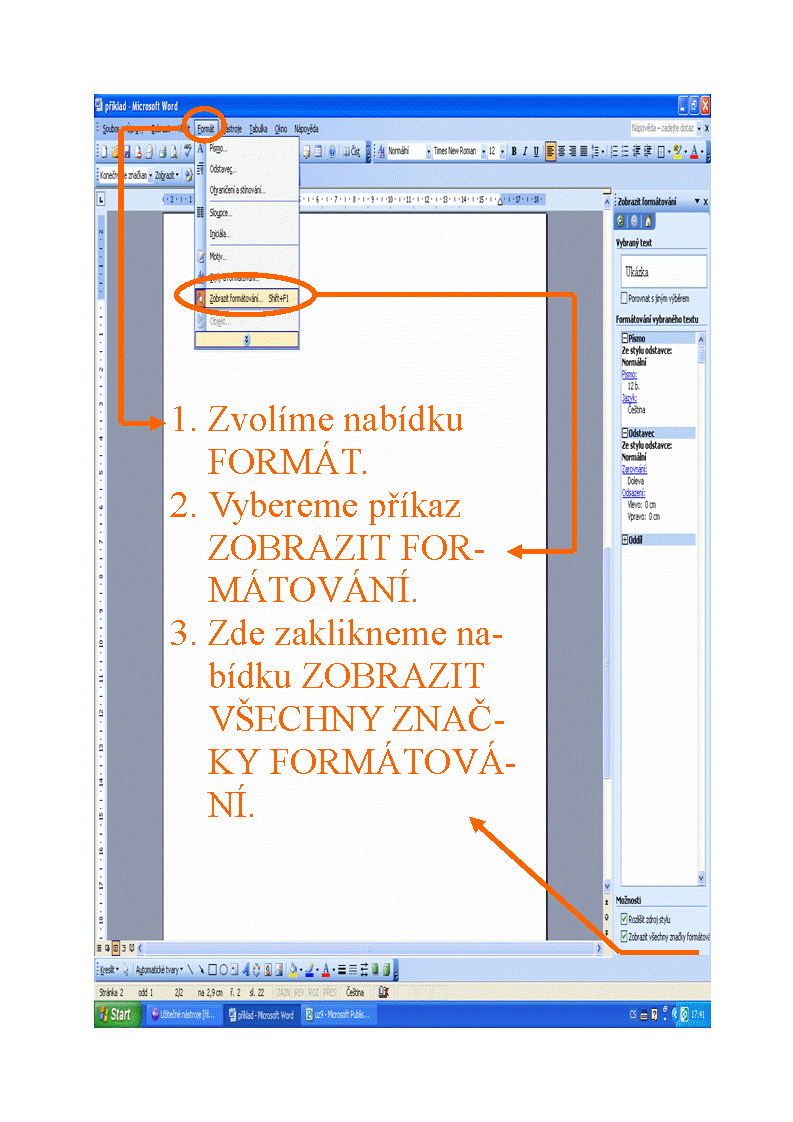Zobrazení formátovacích značek Microsoft Word